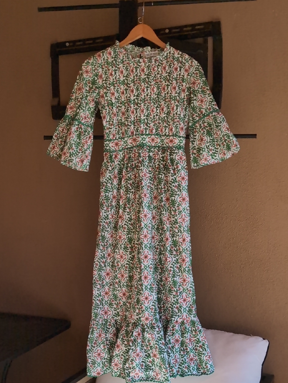 Pink City Prints Green & Pink Floral Maxi Dress with Ruffled Sleeves 100% Cotton